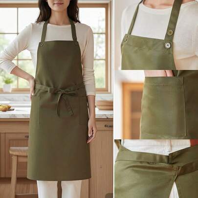 1 件带口袋的耐用围裙，纯色涤纶围裙，防水防褪色，可调节颈带，适用于厨房、服务员制服和各种场合