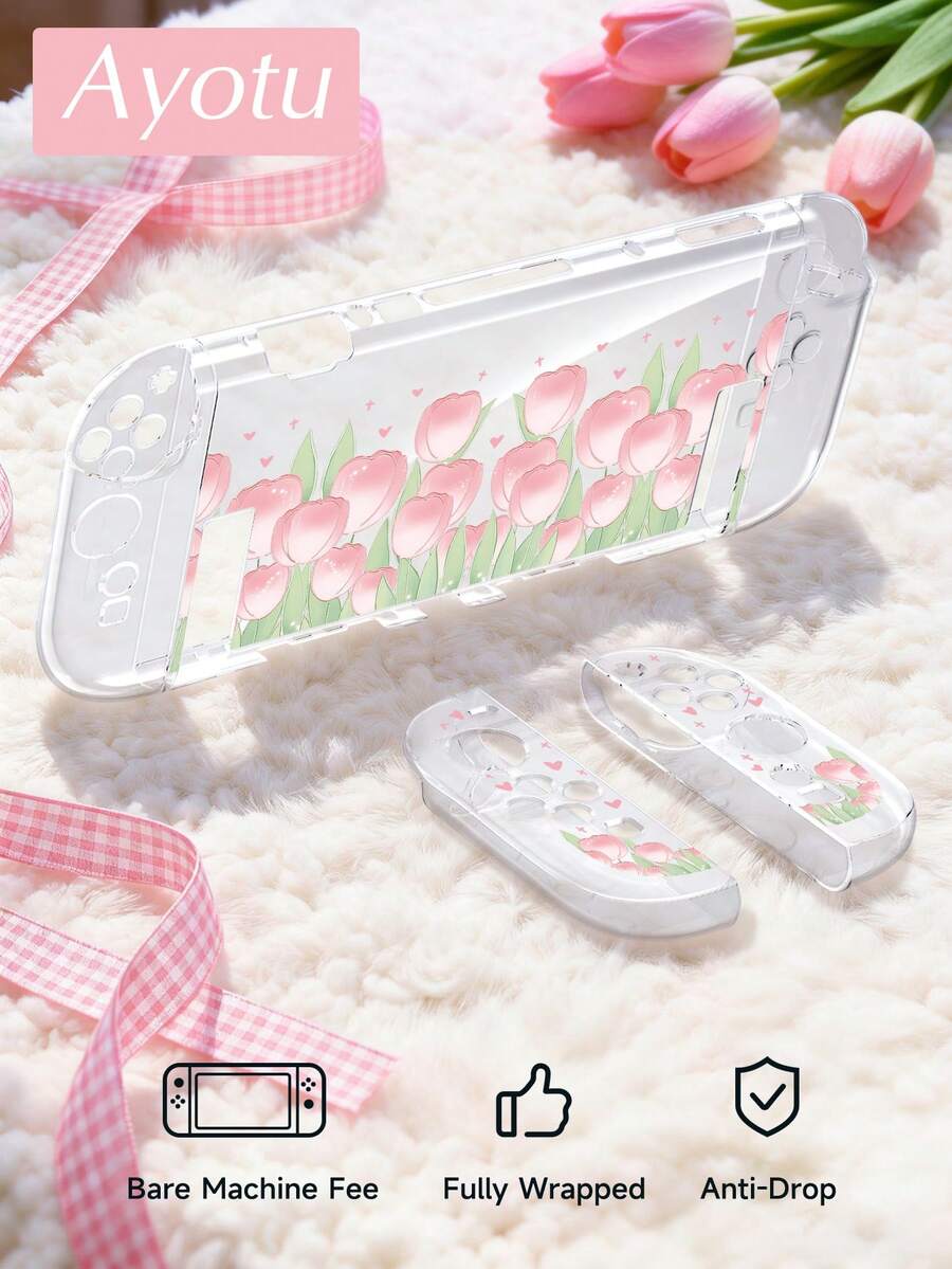 Ayotu 1pc Pink Tulip Pattern Ultra-Thin TPU Transparent Protective Case Compatible With Switch OLED/Switch/Switch Lite/New Switch 2 (2025) - Support Docking Design, No Need To Remove, Anti-Fall And Dust-Proof, Multiple Colors Available