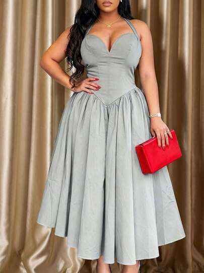 Voworia 女式加大码新款高端露背无袖连衣裙，飘逸摆动，简约优雅收腰派对中长款晚礼服，夏秋冬