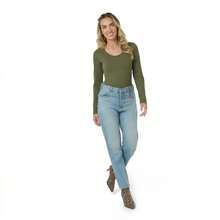Women's Blouse With Round Neckline, Imported Rib Knit Fabric. - xanh quân đội - Xem 1