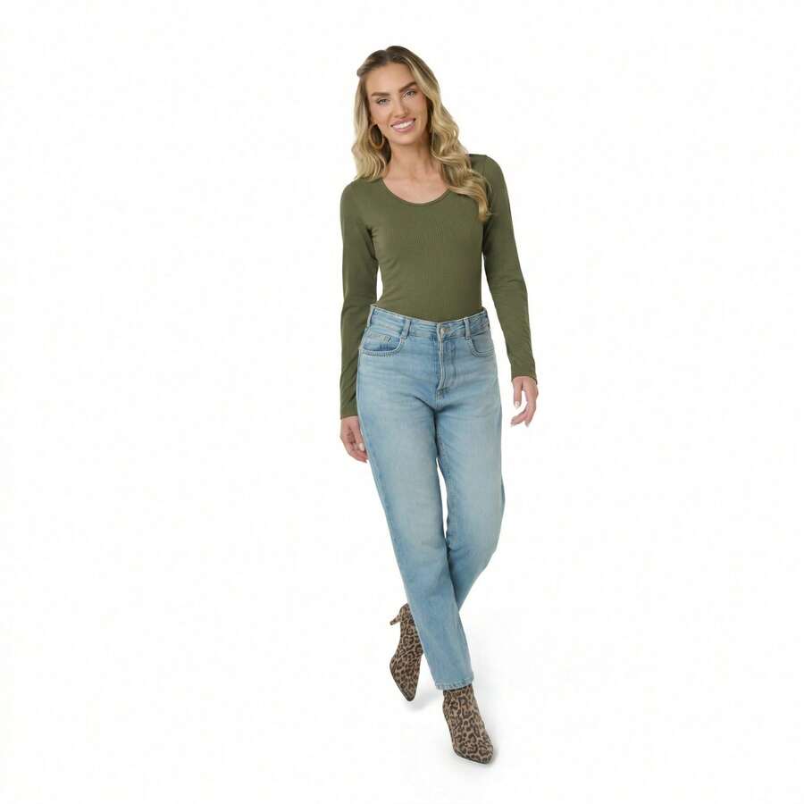 Women's Blouse With Round Neckline, Imported Rib Knit Fabric. - xanh quân đội - Xem 1