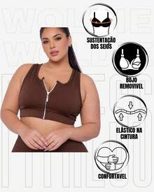 WOLFOC Women's Plus Size Cropped Fitness Top With Zipper And Removable Pads In Suplex Polyester - Rust Brown - View 3