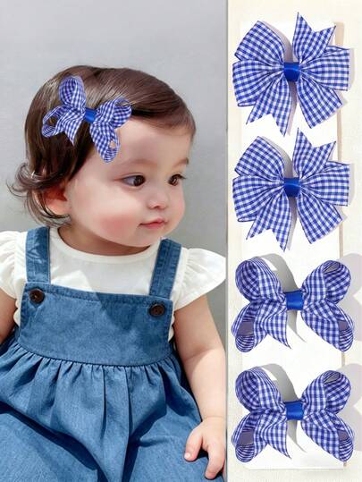 4个蓝色发夹，适合女孩，可爱蓝色格子鳄鱼夹，方格印花布料蝴蝶结发夹，春夏发卡，休闲度假发夹，婴儿发饰，女孩礼物