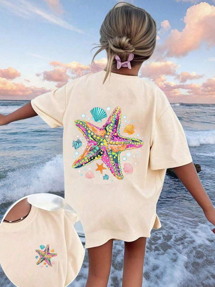 Cartoon Starfish Print Round Neck T-Shirt, Casual Soft Fabric Top For Young Girls, Suitable For Spring/Summer Vacation - Apricot - View 1