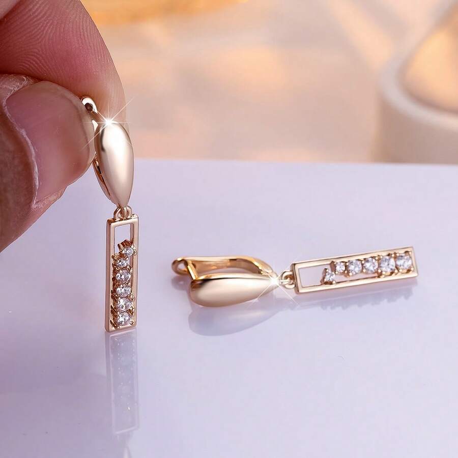 Vanel 1Pair Fashion Golden Minimalist Rectangle CZ Earrings, Sparkling Dainty Vertical Bar Dangle Earrings, Fashion Jewelry For Women For Daily Wear & Party - Golden Yellow-white - View 1