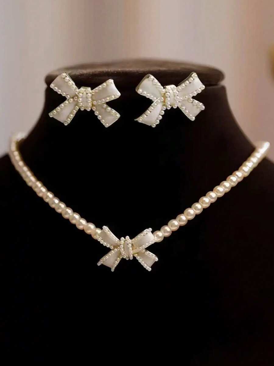 3pcs Set Minimalist Fashion Pearl Bow Pendant Necklace & Earrings, Unique Design Versatile Accessories For Girls - White - View 1