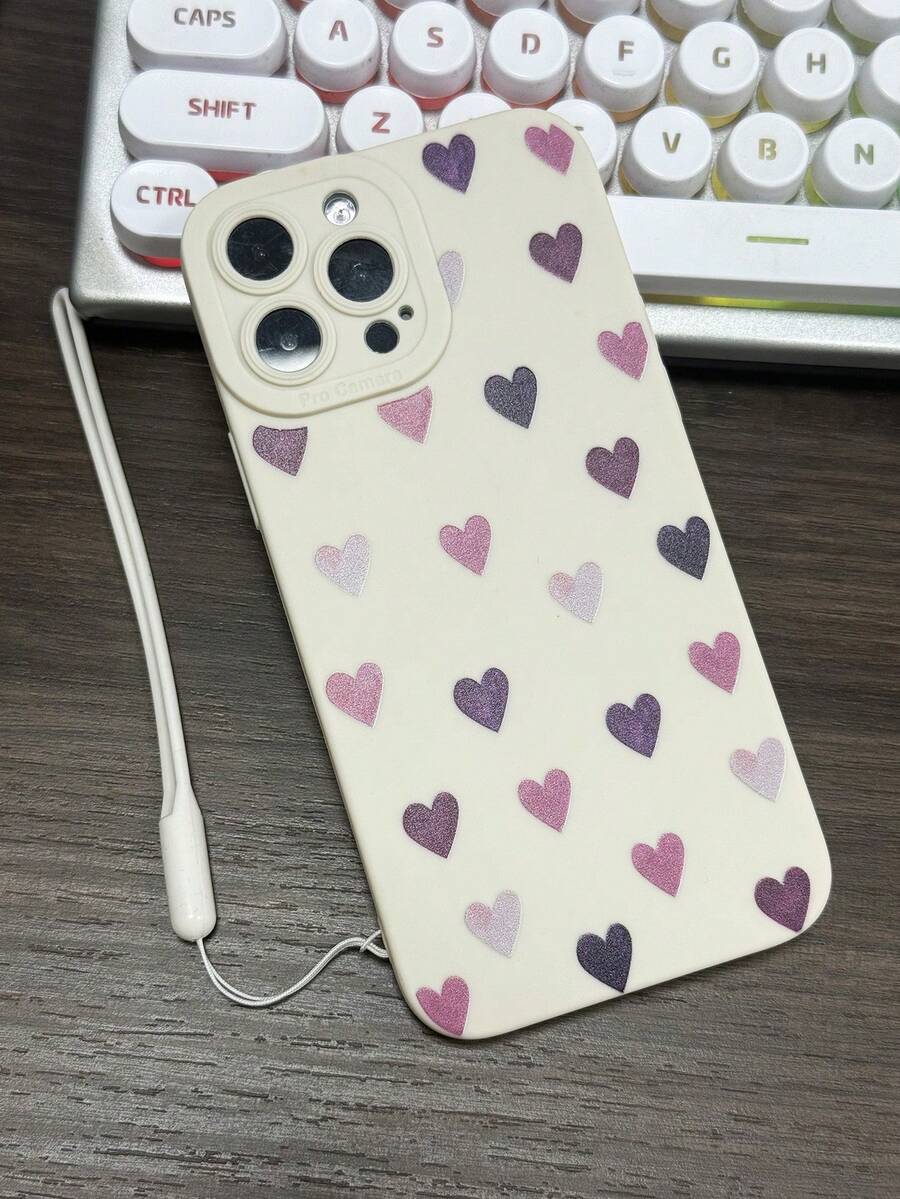 1 pieza Funda de teléfono pintada con corazón de TPU con correa de muñeca, compatible con Apple Series 11 12 13 14 15 16 Pro Max 17 Air 17 Pro 17 Pro Max - Multicolor - Ver 1