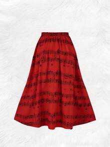 Plus Size Women's Long Flared Skirt, Woven Fabric With Musical Note Print, Non-Stretch Vacation Spring - Red - View 2