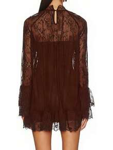 Women See Through Long Sleeve Lace Mini Dress Ruffle Layered Sheer Lace Short Dresses Sexy Going Out Cover Up Dresses(No Lining) - 棕色 - 查看 2
