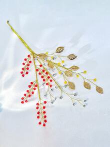 1pc Gold Metal Leaf & Red Beaded Handmade Bridal Bouquet, Wedding Flower Arrangement - Red - View 7