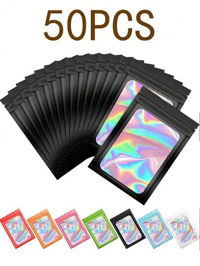 50/10 piezas Bolsas de joyería transparentes con ventana, bolsas de sellado de joyería de color degradado, reutilizables, a prueba de polvo y antioxidantes, adecuadas para anillos, aretes, collares, colgantes y otras joyas, almacenamiento de accesorios de joyería, necesidad del hogar, regalo de vacaciones