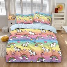 Juego de 3 piezas (1 Funda nórdica + 2 Fundas de almohada, sin relleno), Juego de ropa de cama con estampado de poni y arcoíris de dibujos animados coloridos, Suave y agradable para la piel, Apto para todas las estaciones. Disponible para cama doble extra grande, Cierre con cremallera, Lavable a máquina, Excelente decoración de dormitorio o regalo - Multicolor - Ver 4