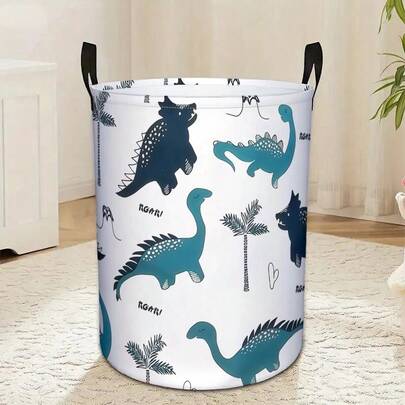 1 pieza Cesta de lavandería con patrón de rugido de dinosaurio, cesta de almacenamiento redonda portátil, caja de almacenamiento de juguetes para bebés multifuncional, decoración de dormitorio infantil