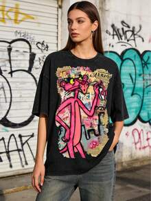 Pi Nk Pa Nt Her Retro Comic Collage Print Graphic Tees Men, Street Graffiti Vibe Graphic Tees, Skin-Friendly Pure Cotton Mens Clothes, Breathable Loose Silhouette Casual Versatile T-Shirt - 黑色 - 查看 3