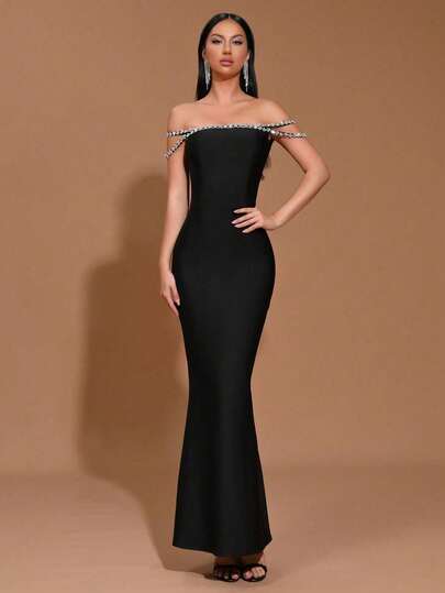 Sleeveless Black Off Shoulder Gown For Women With Rhinestone Details Cold Shoulder Design Mermaid Hem Long Party Dress Formal Dinner Dress