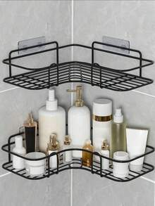 1pc Bathroom Shelf, Shower Rack, No-Drill Triangular Bathroom Kitchen Storage Rack, No-Drill Bathroom Storage Rack - Black - View 9