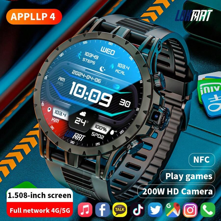 LOKMAT APPLLP 4 智能手表，1.508 英寸 AMOLED 屏幕，支持 4G/5G 电话卡，兼容安卓和 设备，180° 可伸缩旋钮高清摄像头，支持蜂窝数据网络和 Wi-Fi 网络连接，APP 信息推送，心率和血氧健康检测，可下载第三方应用，运行安卓 8.1 系统。