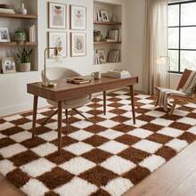 Soft Shaggy Area Rug For Living Room, Thick Fuzzy Rug For Bedroom, Modern Spring Decor Aesthetic, Upgrade Non-Slip Fluffy Carpet, Ideal Gift For Mother's Day Housewarming, Easter, Dry Clean Only, With 4 Carpet Stickers, Beige & Coffee Brown Plaid - Lưới cà phê màu be - Xem 5
