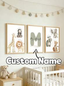 3pcs Customized Green Wall Art, Personalized Name, Wild Animals & Dinosaur Prints, Cute Animal Paintings, Decor For Boys Room, Bedroom, Unique Birthday Gift For Friends & Family, Frameless - Multicolor - View 12