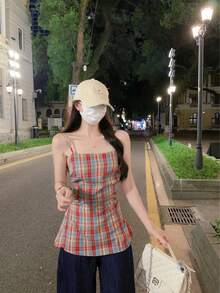 YUXIN Summer New Retro Elegant Contrast Plaid Print Sleeveless Tank Top For Women, Ruching Waist Design Backless Slim Fit Camisole - Red - View 10