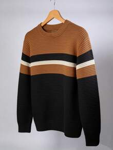 Men's Knitted Sweater, Round Neck, Long Sleeve, Premium Wool, Basic And Comfortable Winter Clothing - Caramelo com Preto - 查看 2