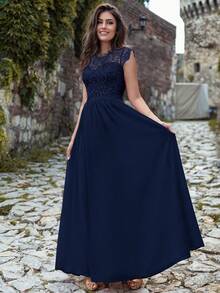 MIUSOL Floral Lace Short Sleeve Chiffon Satin Waist Formal Party Maxi Dress, Elegant Women's Party Gown, Ball Gown, Wedding Guest Dress, Graduation Ceremony Dress, Evening Gown Summer - Navy Blue - View 5