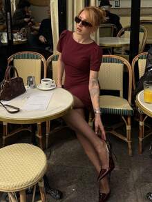 HH Vestido de línea A con cuello redondo y mangas de pétalo de cintura alta para mujer, vestido de noche elegante negro de verano - rojo intenso - Ver 4