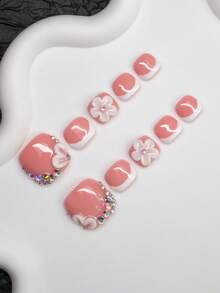 14 Stücke/Set handgemachte Y2K Baddie Stil Nagel Aufkleber, nude & weiße French Tip Nagel Wraps mit Blumen, Strass Designs, geeignet für Party, Hochzeit, Alltag, inklusive Zubehör, tolles Geschenk für Frauen & Mädchen (4 zusätzliche Nägel enthalten) - Verschiedenfarbig - Übersicht 3