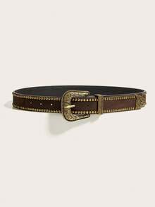 1 Stück Damen Einfarbig PU Leder Casual Vintage Süß Straße Party Retro Western Stil Nieten Gürtel, geeignet für alle Jahreszeiten - Kaffeebraun - Übersicht 2