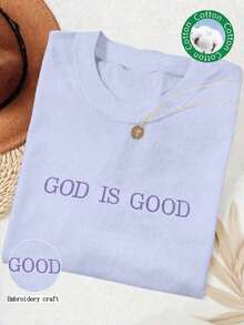 Embroidered Minimalist Shirt "God Is Good" Christian Faith Comfortable Color Shirt Gift, Faith Shirt, Faith T-Shirt, Church Group Shirt, Women Round Neck Embroidered T-Shirt100% Cotton - 淡紫色 - 查看 7