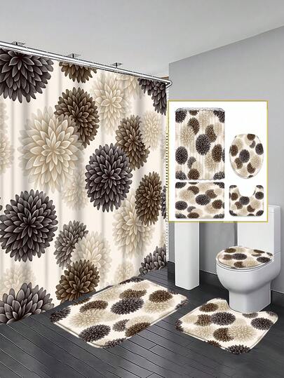 1/3/4 件套复古水墨大丽花浴室浴帘套装；奢华艺术设计，防水耐用，适合浴室装饰及配件。尺寸：71 英寸 x 71 英寸，包含 12 个挂钩、马桶盖、浴垫和地毯，采用优质涤纶面料制成，可水洗且防霉。