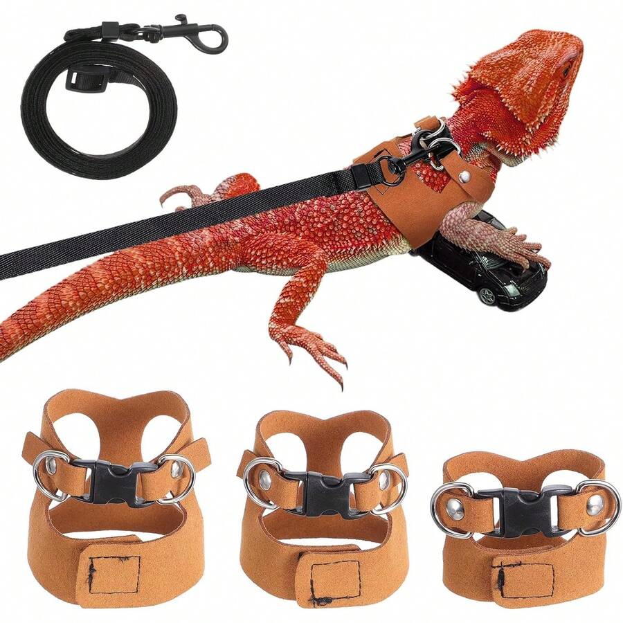 3 Pack Bearded Harness And Leash Set, Adjustable Nylon Bearded Accessories With 3 Sizes Vests, 6.56ft Lead Reptile Training & Walking Accessories(Black) - Brown - View 1