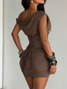 Summer Dress, Waist-Cinching Design Patchwork Women's Elegant Sexy Beach Dress, Women's Independence Day Outfit, Vacation, Date, Party Wear - Brown - View 2