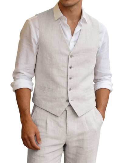Furuiyal 100% Men's Suit 2-Piece Set, Gentleman Elegant Slim Fit Formal Single-Breasted Vest & Pants Suit For Wedding, Banquet, Size XS-3XL, Beige
