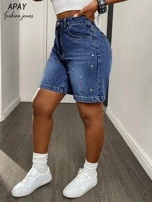 Shorts vaqueros casuales y retro con strass de colores, para el verano - Azul lavado oscuro - Ver 6