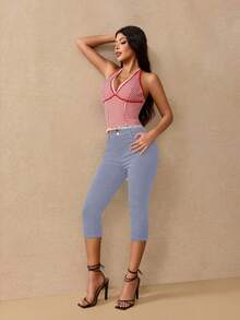 Apperloth A Pantaloni Capri cu talie înaltă, super elastici, cu buzunare laterale, croială slim, pantaloni clasici casual confortabili, de vară - Gri - Vizualizare 8