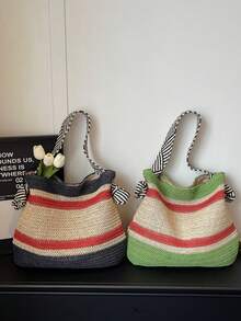 Black & White Zebra Stripe Shoulder Strap Woven Bag, Relaxed Vibe Vacation Beach Casual Shoulder Bag, Versatile Everyday Commute Shopping Tote, Woven Bag For Beach Trip, Student - Green - View 2