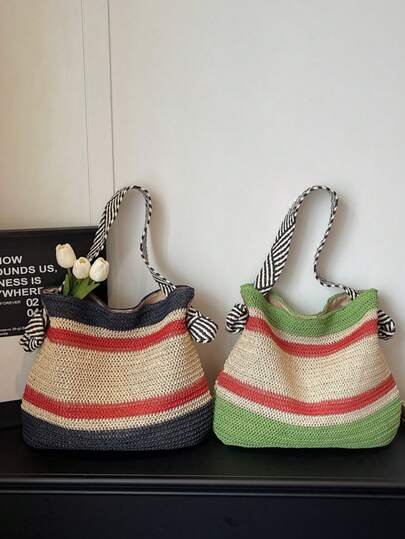 Sac à bandoulière tissé à rayures zébrées noir et blanc, sac à bandoulière décontracté pour les vacances à la plage, sac fourre-tout polyvalent pour les trajets quotidiens et les courses, sac tissé pour les voyages à la plage, les étudiants