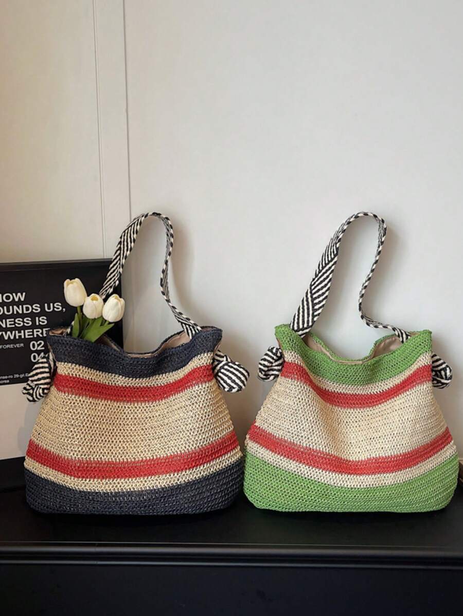Black & White Zebra Stripe Shoulder Strap Woven Bag, Relaxed Vibe Vacation Beach Casual Shoulder Bag, Versatile Everyday Commute Shopping Tote, Woven Bag For Beach Trip, Student