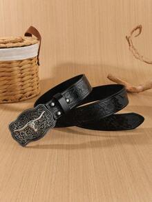 1pc Versatile Western Cowboy, Bull Head Embossed, Unisex Casual, Boho, PU Leather, Rivet Decor, Durable, Fashion, Everyday, Youth, Stylish, Suitable For Valentine's Day, Gift, Partner, Outdoor, Back To School, Girls, Boys, Halloween, Christmas, All Season Unisex Belt 6AL8 - Nâu 2 - Xem 3