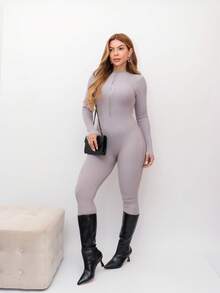 Virginia Ribbed Jumpsuit Tricot Modal With Zipper On The Front Great Quality Women's Jumpsuit Long Sleeve Fashion Style - 淺灰色 - 查看 2