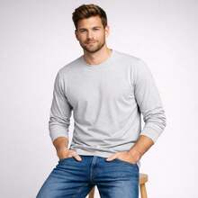 Men's Long-Sleeved Plain Basic T-Shirt, Crew Neck, Unisex, Basic Casual Style. - Xám - Xem 2