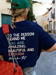 女款新款極簡可愛圖案休閒度假風圓領針織面料標準版型短袖上衣，時尚日常穿搭，適合日常與度假穿著。女款新款夏季美式療癒T恤，「To The Person Behind Me」彩虹印花短袖上衣，適合情人節、返校季、教師節及其他節日。 - 藏蓝色 - 查看 3