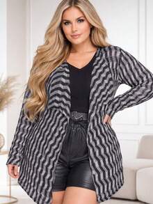 Plus Size Long Cardigans, Elongated Knitwear, Women's Cardigan, Sweater, Striped Kimono, Elegant Winter Coat. - 黑色/灰色 - 查看 1