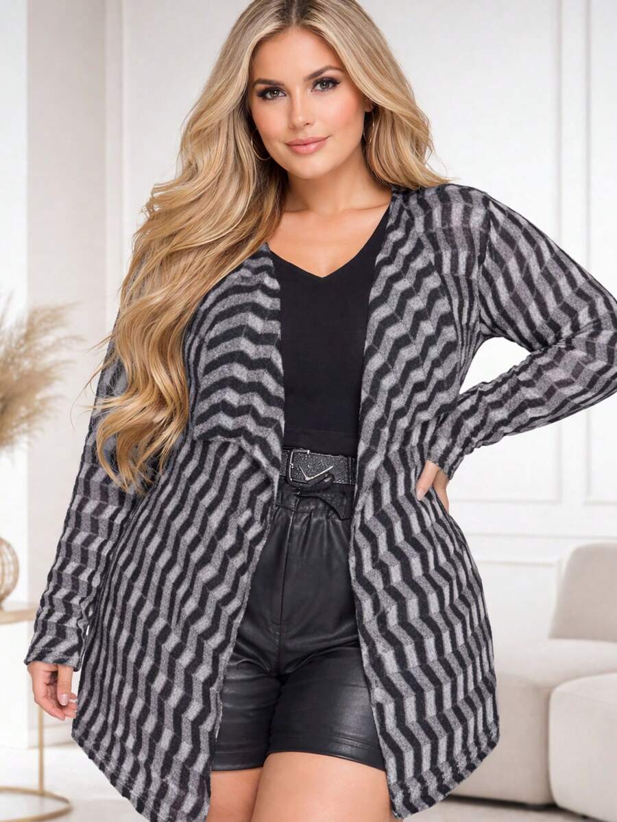 Plus Size Long Cardigans, Elongated Knitwear, Women's Cardigan, Sweater, Striped Kimono, Elegant Winter Coat. - 黑色/灰色 - 查看 1