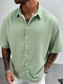 Men's Solid Color Short Sleeve Single-Breasted Casual Shirt - Green - View 2