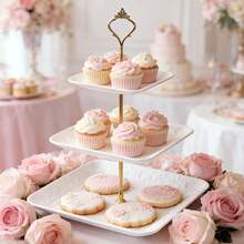 Vintage Embossed Square 3-Tier Dessert Stand, Plastic Cupcake Holder With Gold Rod, For Party Wedding Holiday Decor - View 2