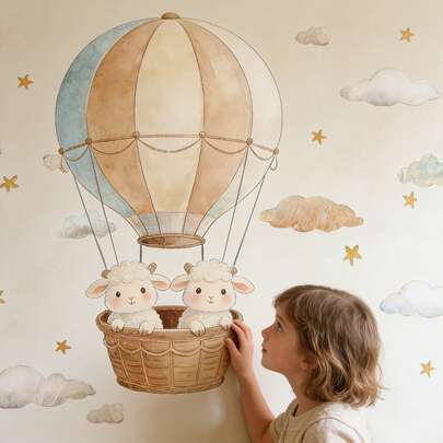 卡通动物热气球墙贴，动物主题贴纸，适用于儿童房和卧室、幼儿园墙面装饰、客厅背景，是墙面装饰和派对背景的理想之选。
