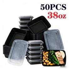 50-Pack 38oz Black Rectangular Food Storage Containers With Lids: Disposable Plastic Lunch Boxes, Stackable & Leak-Proof, Microwave/Dishwasher Friendly – Perfect For Kitchen Storage, Camping & Holiday Parties (50 Boxes + 50 Lids) - Black - View 2