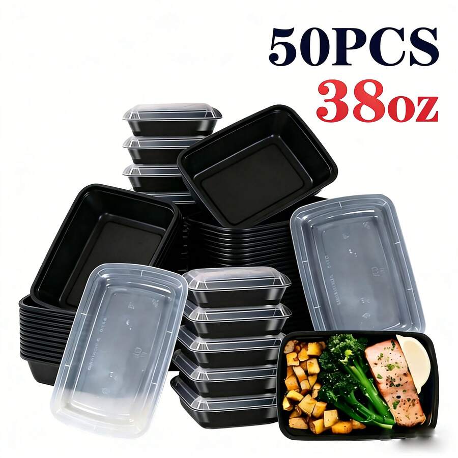 50-Pack 38oz Black Rectangular Food Storage Containers With Lids: Disposable Plastic Lunch Boxes, Stackable & Leak-Proof, Microwave/Dishwasher Friendly – Perfect For Kitchen Storage, Camping & Holiday Parties (50 Boxes + 50 Lids)